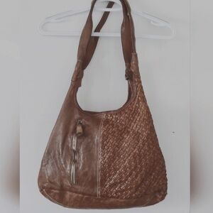 Langellotti Woven Buckskin Leather Brown Hobo Shoulder Bag Made In Italy